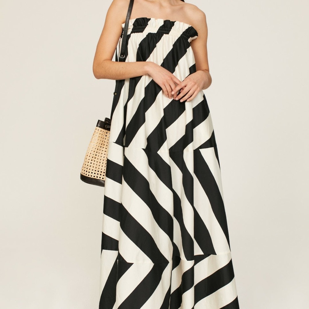 Tory Burch Strapless Striped Cotton-Sateen Maxi Dress in Wide Summer Strip Small